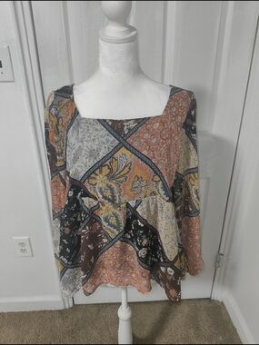 Boho Patchwork Square Neck Peasant Top - Multicolor